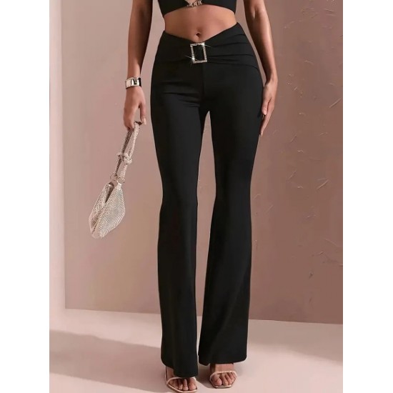 Kadın Yüksek Bel Tokalı Ispanyol Paçalı Dalgıç Pantolon , 24464