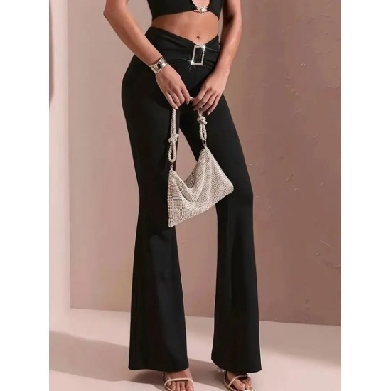 Kadın Yüksek Bel Tokalı Ispanyol Paçalı Dalgıç Pantolon , 24464