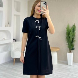 Kadın Kısa Kollu Bisiklet Yaka önden Fiyonk Detaylı Ithal Krep Elbise , 24501