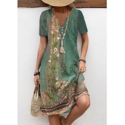 Kadın Kısa Kollu V Yakalı Desenli Süprem Elbise, 24531