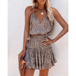 Kadın Askılı V Yaka Beli Pileli Leopar Desen Eteği Fırfırlı Süprem Elbise, 24543