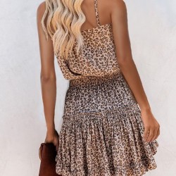 Kadın Askılı V Yaka Beli Pileli Leopar Desen Eteği Fırfırlı Süprem Elbise, 24543 Kadın Askılı V Yaka Beli Pileli Leopar Desen Eteği Fırfırlı Süprem Elbise, 24543