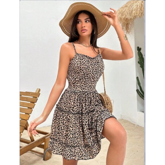 Kadın Askılı V Yaka Beli Pileli Leopar Desen Eteği Fırfırlı Süprem Elbise, 24543 Kadın Askılı V Yaka Beli Pileli Leopar Desen Eteği Fırfırlı Süprem Elbise, 24543