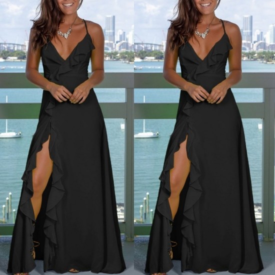 Kadın Ip Askılı Dekolteli Yırtmaç Detay Krep Elbise, 24550