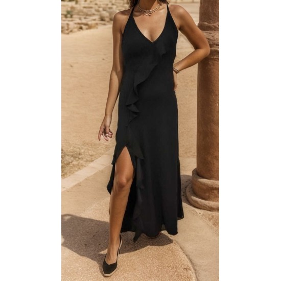 Kadın Ip Askılı Dekolteli Yırtmaç Detay Krep Elbise, 24550