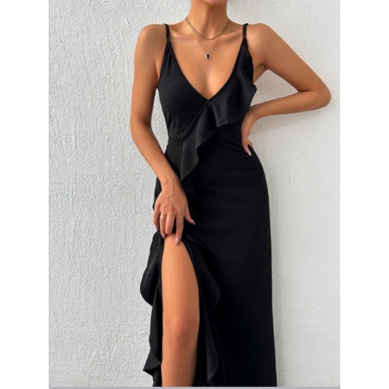 Kadın Ip Askılı Dekolteli Yırtmaç Detay Krep Elbise, 24550