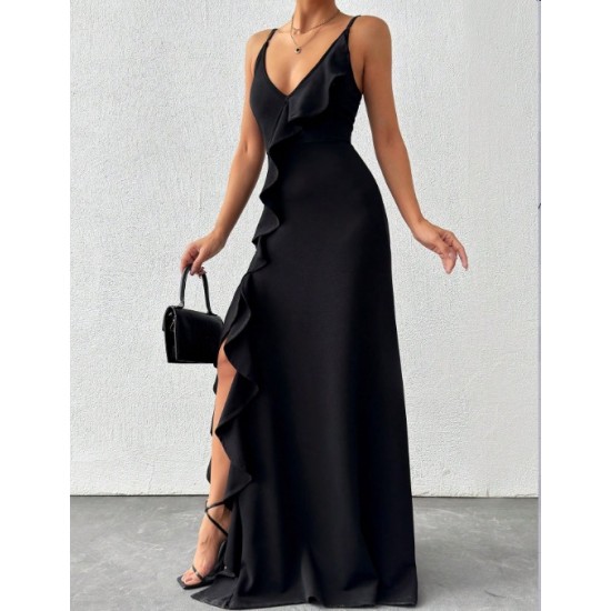 Kadın Ip Askılı Dekolteli Yırtmaç Detay Krep Elbise, 24550