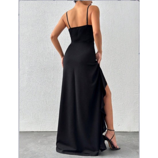 Kadın Ip Askılı Dekolteli Yırtmaç Detay Krep Elbise, 24550