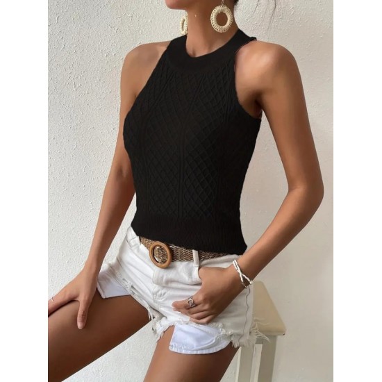 Kadın Kolsuz Halter Yaka Mini Baklava Desenli Triko Bluz, 24554 Kadın Kolsuz Halter Yaka Mini Baklava Desenli Triko Bluz, 24554