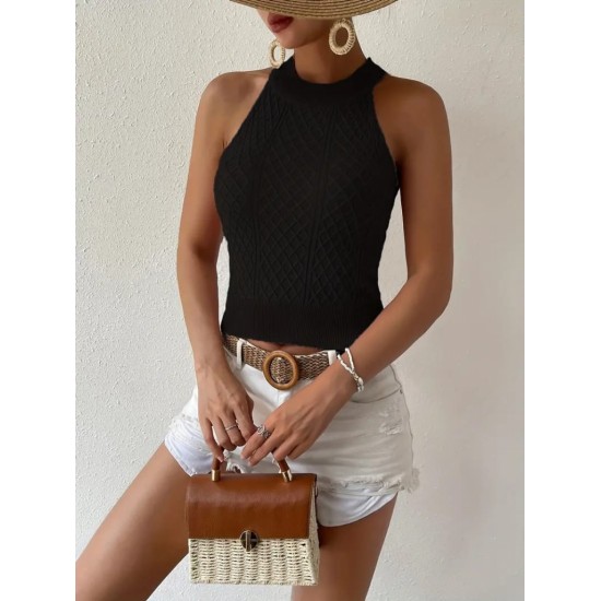 Kadın Kolsuz Halter Yaka Mini Baklava Desenli Triko Bluz, 24554 Kadın Kolsuz Halter Yaka Mini Baklava Desenli Triko Bluz, 24554
