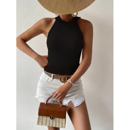 Kadın Kolsuz Halter Yaka Mini Baklava Desenli Triko Bluz, 24554 Kadın Kolsuz Halter Yaka Mini Baklava Desenli Triko Bluz, 24554