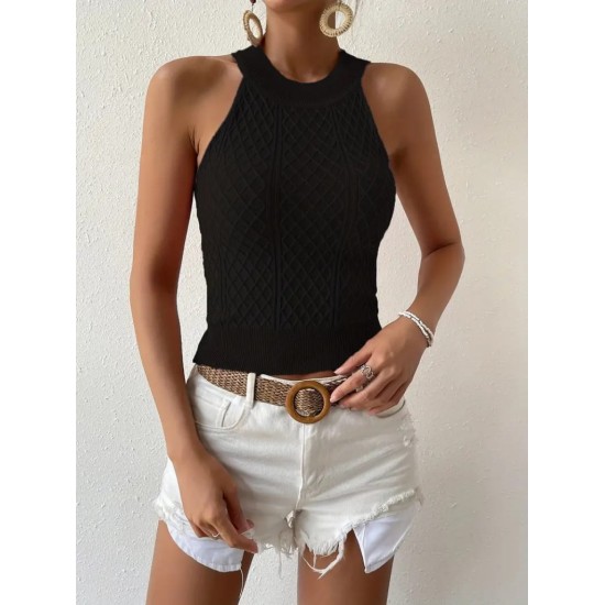 Kadın Kolsuz Halter Yaka Mini Baklava Desenli Triko Bluz, 24554 Kadın Kolsuz Halter Yaka Mini Baklava Desenli Triko Bluz, 24554
