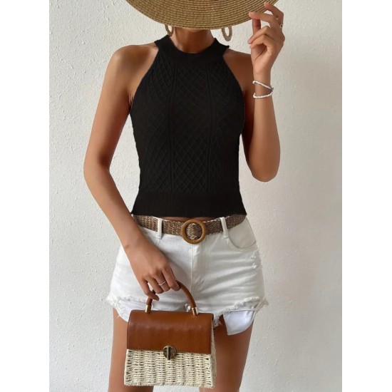 Kadın Kolsuz Halter Yaka Mini Baklava Desenli Triko Bluz, 24554 Kadın Kolsuz Halter Yaka Mini Baklava Desenli Triko Bluz, 24554