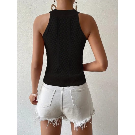 Kadın Kolsuz Halter Yaka Mini Baklava Desenli Triko Bluz, 24554 Kadın Kolsuz Halter Yaka Mini Baklava Desenli Triko Bluz, 24554