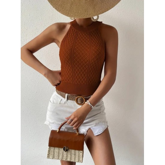 Kadın Kolsuz Halter Yaka Mini Baklava Desenli Triko Bluz, 24553 Kadın Kolsuz Halter Yaka Mini Baklava Desenli Triko Bluz, 24553