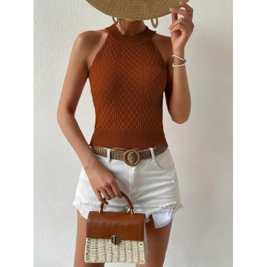 Kadın Kolsuz Halter Yaka Mini Baklava Desenli Triko Bluz, 24553 Kadın Kolsuz Halter Yaka Mini Baklava Desenli Triko Bluz, 24553