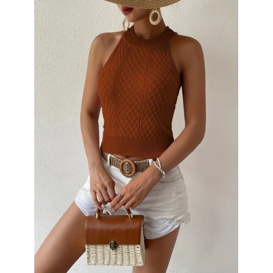 Kadın Kolsuz Halter Yaka Mini Baklava Desenli Triko Bluz, 24553 Kadın Kolsuz Halter Yaka Mini Baklava Desenli Triko Bluz, 24553