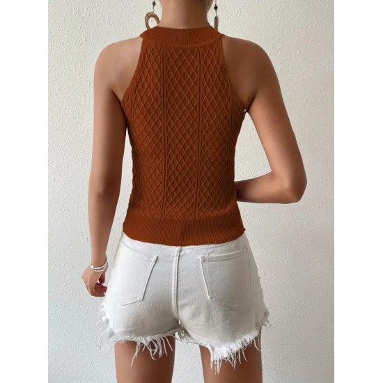 Kadın Kolsuz Halter Yaka Mini Baklava Desenli Triko Bluz, 24553 Kadın Kolsuz Halter Yaka Mini Baklava Desenli Triko Bluz, 24553
