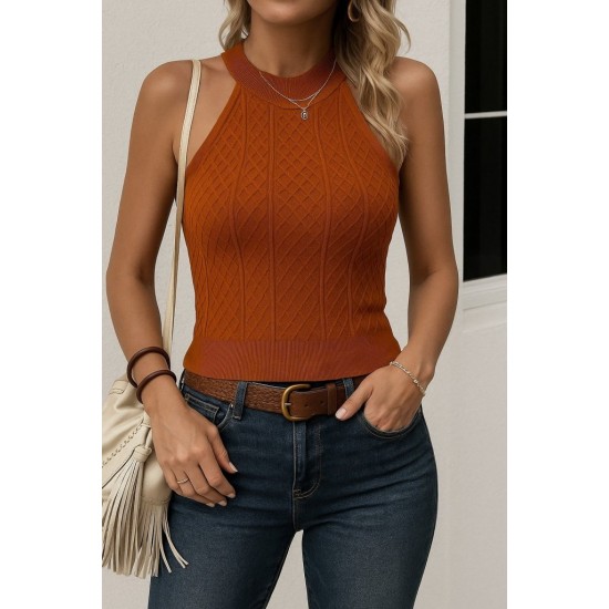 Kadın Kolsuz Halter Yaka Mini Baklava Desenli Triko Bluz, 24553 Kadın Kolsuz Halter Yaka Mini Baklava Desenli Triko Bluz, 24553