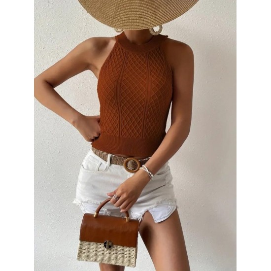 Kadın Kolsuz Halter Yaka Mini Baklava Desenli Triko Bluz, 24553 Kadın Kolsuz Halter Yaka Mini Baklava Desenli Triko Bluz, 24553
