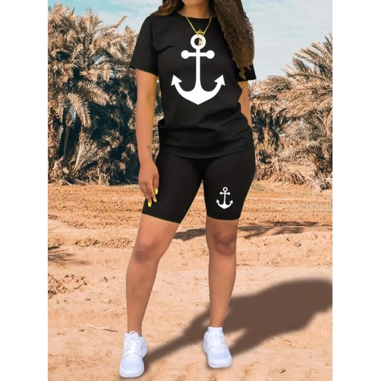 Kadın Kısa Kollu çapa Baskılı Viskon Ikili Takım, 24562