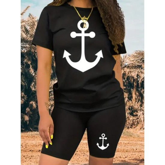 Kadın Kısa Kollu çapa Baskılı Viskon Ikili Takım, 24562