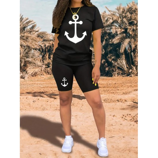 Kadın Kısa Kollu çapa Baskılı Viskon Ikili Takım, 24562