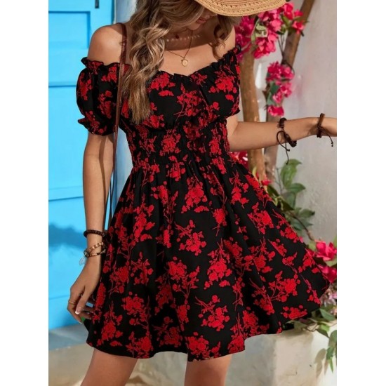 Kadın Kısa Kollu Madonna Yaka Beli Lastikli çiçek Desenli Kısa Süprem Elbise, 24559 Kadın Kısa Kollu Madonna Yaka Beli Lastikli çiçek Desenli Kısa Süprem Elbise, 24559