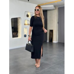 Kadın Kısa Kollu Bisiklet Yaka Yandan Yırtmaçlı Viskon Iki Iplik Elbise , 24604