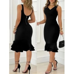 Kadın Askılı V Yaka Arkadan Fermuarlı Dalgıç Elbise, 24624