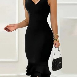 Kadın Askılı V Yaka Arkadan Fermuarlı Dalgıç Elbise, 24624