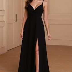 Kadın Ip Askılı Kruvaze Yakalı Derin Dekolteli Yırtmaçlı Ithal Krep Elbise , 24645