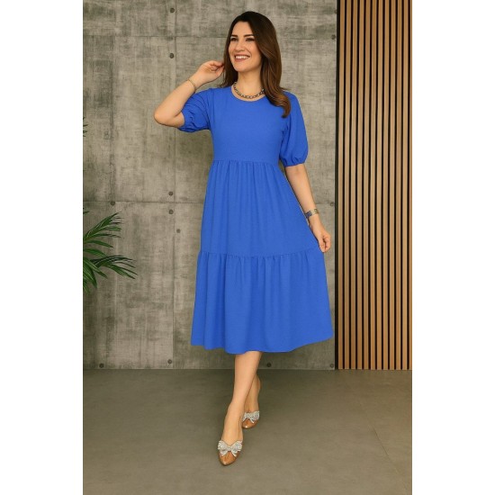 Kadın Kısa Kollu Yakası Açık Katlı Bürümcük Balon Elbise , 24650