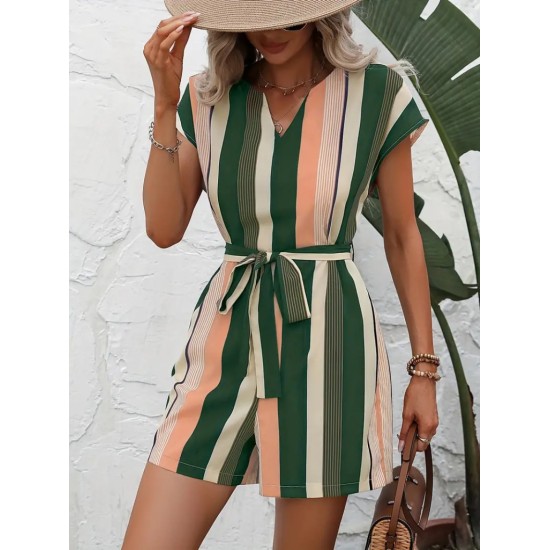 Kadın Kısa Kollu V Yakalı Beli Kuşaklı Keten Tulum, 24658 Kadın Kısa Kollu V Yakalı Beli Kuşaklı Keten Tulum, 24658