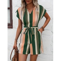 Kadın Kısa Kollu V Yakalı Beli Kuşaklı Keten Tulum, 24658 Kadın Kısa Kollu V Yakalı Beli Kuşaklı Keten Tulum, 24658