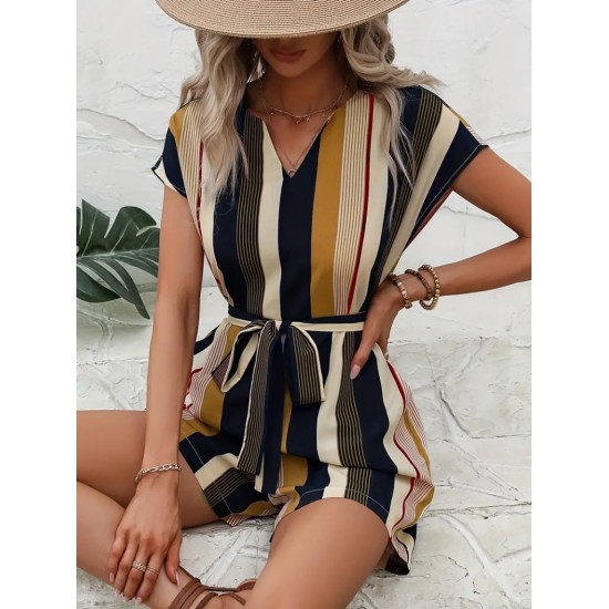 Kadın Kısa Kollu V Yakalı Beli Kuşaklı Keten Tulum, 24657 Kadın Kısa Kollu V Yakalı Beli Kuşaklı Keten Tulum, 24657