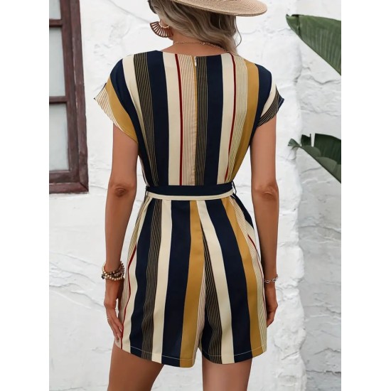 Kadın Kısa Kollu V Yakalı Beli Kuşaklı Keten Tulum, 24657 Kadın Kısa Kollu V Yakalı Beli Kuşaklı Keten Tulum, 24657
