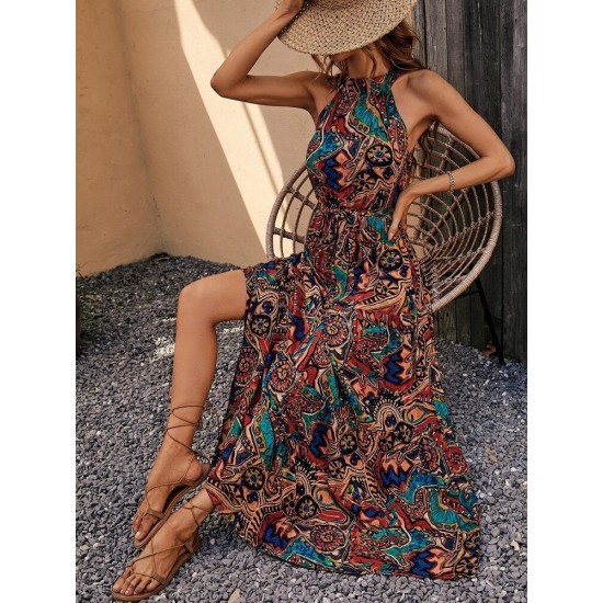 Kadın Kolsuz Halter Yaka Beli Lastikli Otantik Desenli Mikro Kumaş Elbise, 24667 Kadın Kolsuz Halter Yaka Beli Lastikli Otantik Desenli Mikro Kumaş Elbise, 24667