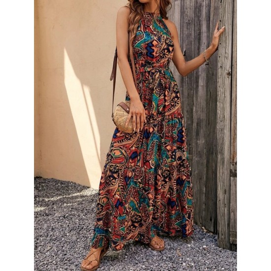 Kadın Kolsuz Halter Yaka Beli Lastikli Otantik Desenli Mikro Kumaş Elbise, 24667 Kadın Kolsuz Halter Yaka Beli Lastikli Otantik Desenli Mikro Kumaş Elbise, 24667