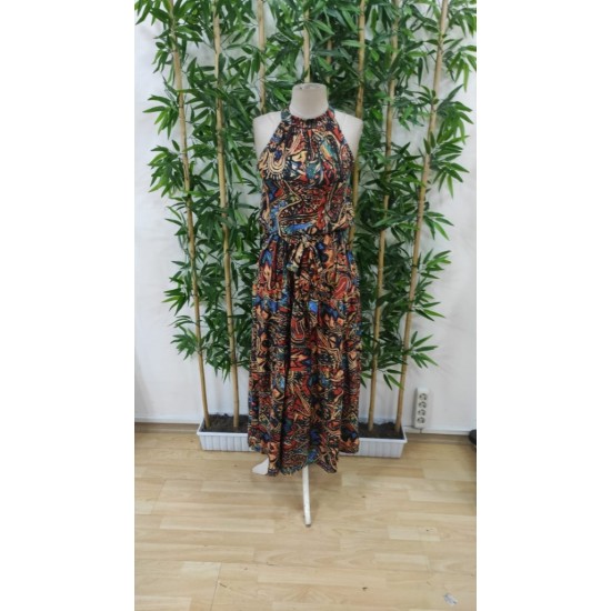 Kadın Kolsuz Halter Yaka Beli Lastikli Otantik Desenli Mikro Kumaş Elbise, 24667 Kadın Kolsuz Halter Yaka Beli Lastikli Otantik Desenli Mikro Kumaş Elbise, 24667