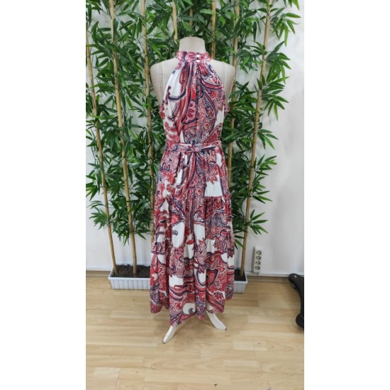 Kadın Halter Yakalı Omuzlardan Açık Kuşaklı Maksi Boy Desenli Süprem Elbise , 24665 Kadın Halter Yakalı Omuzlardan Açık Kuşaklı Maksi Boy Desenli Süprem Elbise , 24665