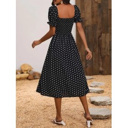 Kadın Kısa Kollu Geometrik Yaka Yırtmaçlı Puantiyeli Midi örme Krep Elbise, 24688 Kadın Kısa Kollu Geometrik Yaka Yırtmaçlı Puantiyeli Midi örme Krep Elbise, 24688