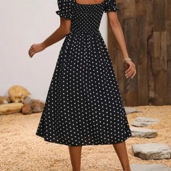 Kadın Kısa Kollu Geometrik Yaka Yırtmaçlı Puantiyeli Midi örme Krep Elbise, 24688