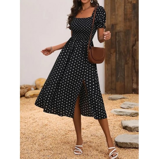 Kadın Kısa Kollu Geometrik Yaka Yırtmaçlı Puantiyeli Midi örme Krep Elbise, 24688 Kadın Kısa Kollu Geometrik Yaka Yırtmaçlı Puantiyeli Midi örme Krep Elbise, 24688