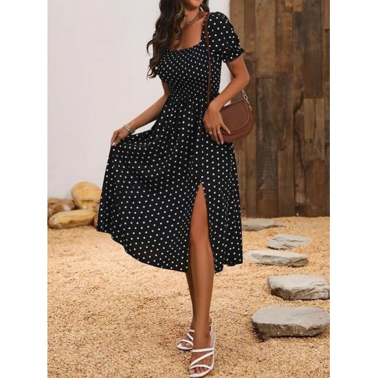 Kadın Kısa Kollu Geometrik Yaka Yırtmaçlı Puantiyeli Midi örme Krep Elbise, 24688 Kadın Kısa Kollu Geometrik Yaka Yırtmaçlı Puantiyeli Midi örme Krep Elbise, 24688