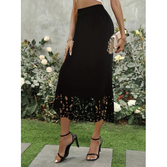 Kadın Yüksek Bel Lazer Kesim Detaylı Midi Ithal Krep Etek, 24707