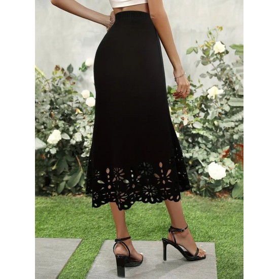 Kadın Yüksek Bel Lazer Kesim Detaylı Midi Ithal Krep Etek, 24707