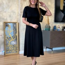 Kadın Kısa Kollu Bisiklet Yaka Midi Viskon Iki Iplik Elbise , 24704