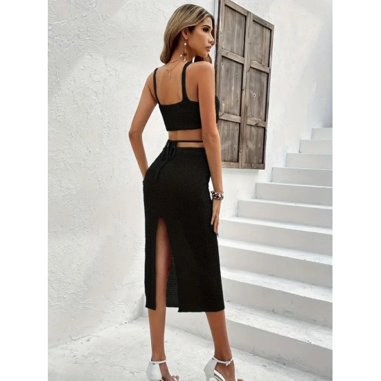 Kadın Askılı Crop Bel Detaylı Derin Yırtmaçlı Etek Triko Ikili Takım , 24718 Kadın Askılı Crop Bel Detaylı Derin Yırtmaçlı Etek Triko Ikili Takım , 24718