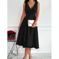 Kadın Sıfır Kol Kruvaze Yaka Eteği Kloş Ithal Krep Mini Elbise, 24738